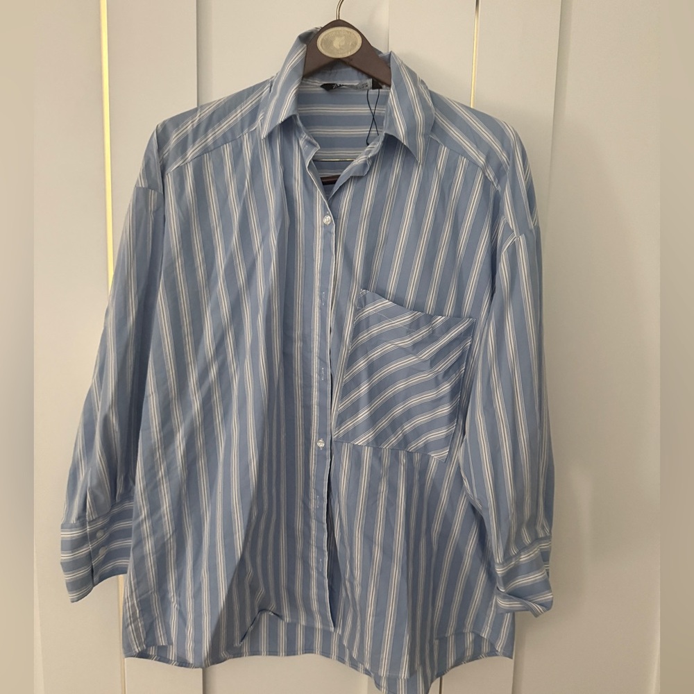 Zara Blue and White Striped Blouse